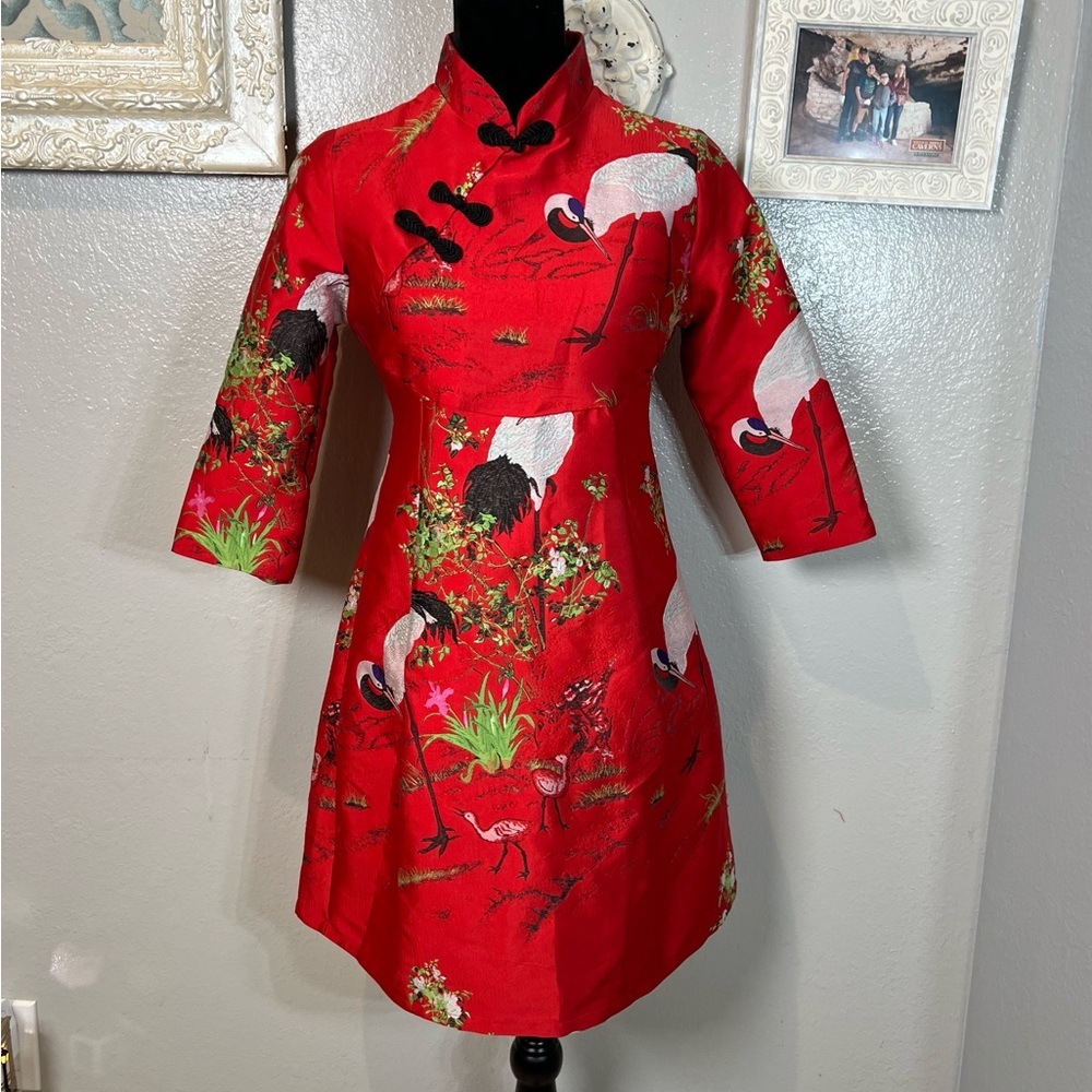 Red Crane Embroidered Mandarin Dress